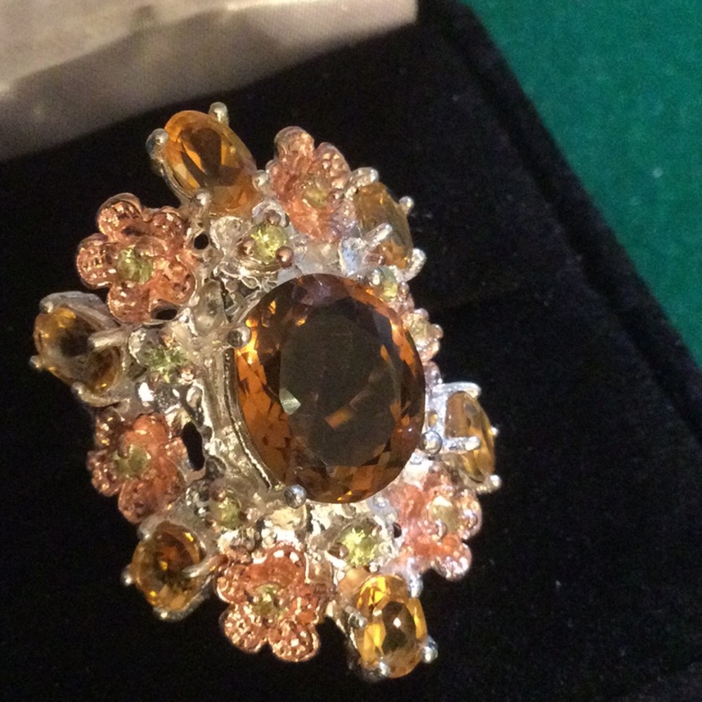 Genuine Cognac Quartz, Citrine & Peridot Ring - Picture 1 of 10